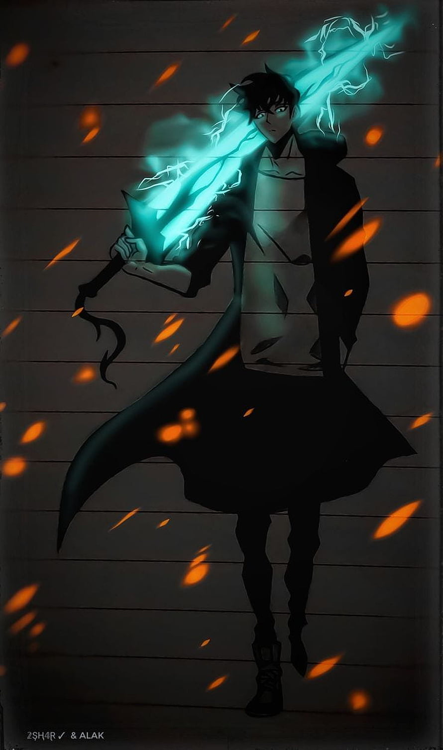 Dark Anime Warrior Wielding Glowing Cyan Energy Sword with Floating Embers HD phone wallpaper