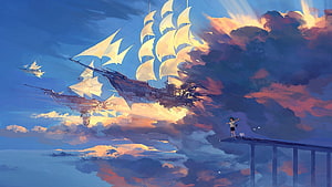 Surreal Steampunk Airship Sailing Through Golden Sunset Clouds with Tiny Figure on Platform HD wallpaper
