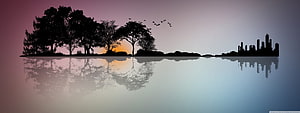 Silhouetted Trees and City Skyline Reflected in Calm Water at Sunset HD wallpaper