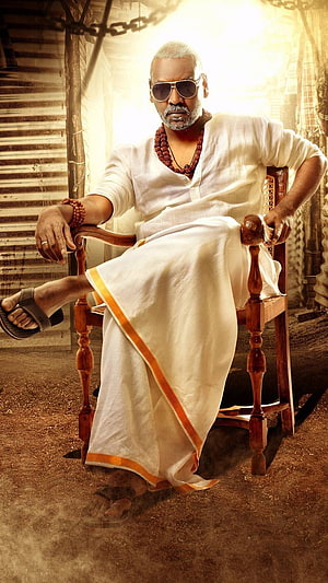 Raghava Lawrence in Kanchana 3 promotional portrait wearing white dhoti and sunglasses HD phone wallpaper