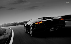 Black Lamborghini Aventador Rear View on a Curved Road with Motion Blur HD wallpaper