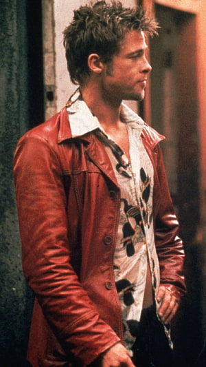 Brad Pitt in Fight Club Wearing a Red Leather Jacket and Patterned Shirt HD phone wallpaper