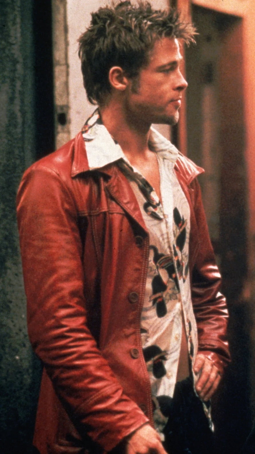Brad Pitt in Fight Club Wearing a Red Leather Jacket and Patterned Shirt HD phone wallpaper