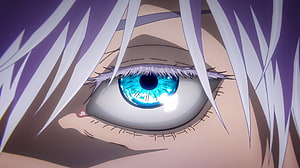 Satoru Gojo Close-Up Eye Detail with Blue Iris and White Hair HD wallpaper