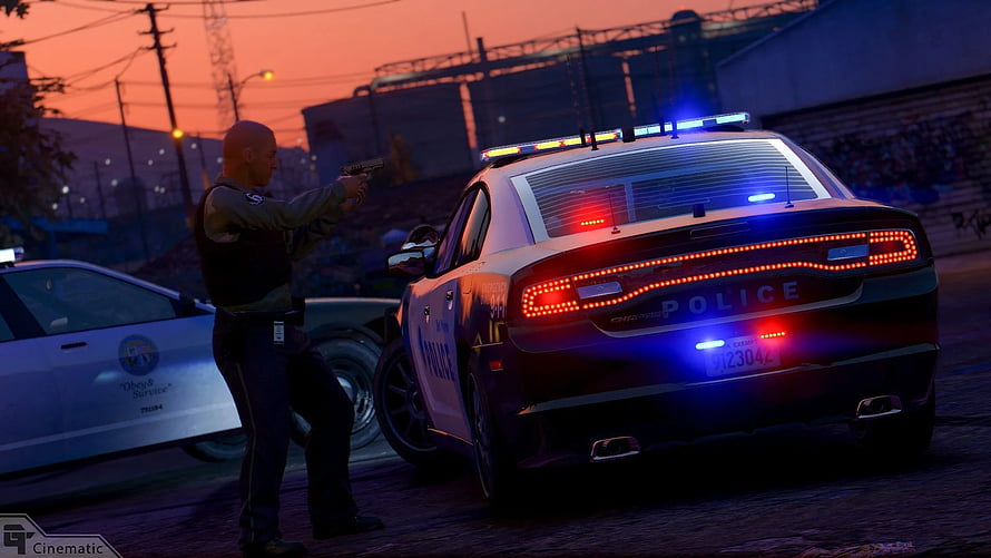 Grand Theft Auto V Cinematic Scene With Police Car And Officer At Sunset HD wallpaper