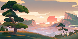 Inazuma Sunset Landscape with Pine Trees and Misty Mountains in Genshin Impact HD wallpaper
