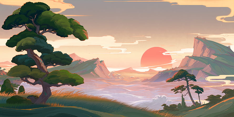 Inazuma Sunset Landscape with Pine Trees and Misty Mountains in Genshin Impact HD wallpaper