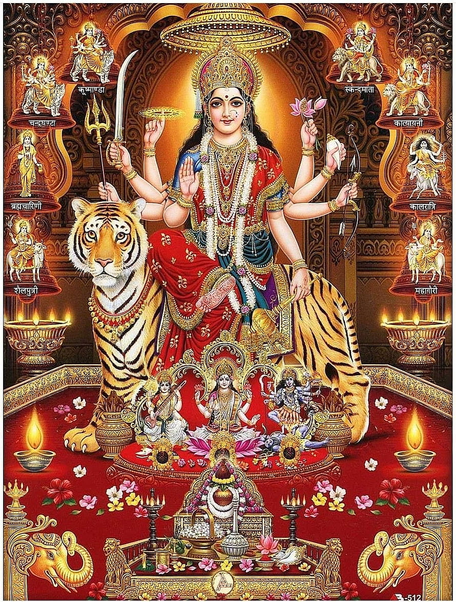 Navdurga and Maa Vaishno Devi seated on a tiger with oil lamps and floral offerings HD phone wallpaper