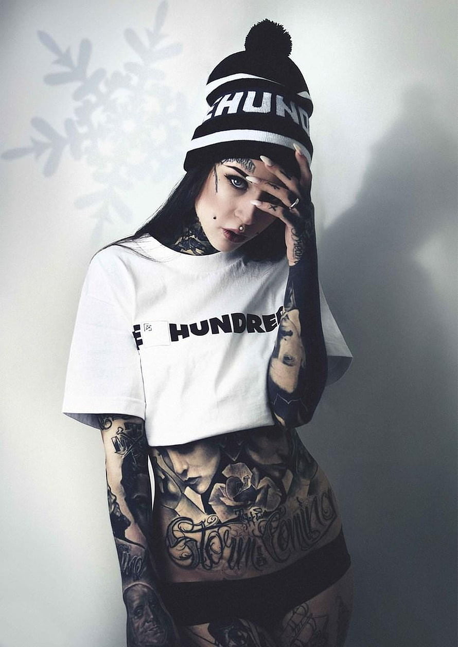 Tattooed Woman in White T-Shirt and Black Beanie with Extensive Body Art HD phone wallpaper