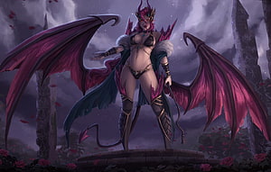 Succubus Fantasy Character With Crimson Wings And Dark Horns In Gothic Landscape HD wallpaper