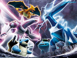 Legendary Pokemon Battle Scene Featuring Charizard, Gyarados, and Tyranitar HD wallpaper