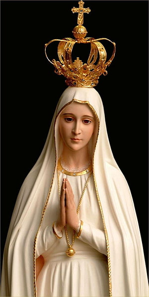 Our Lady of Fatima Statue in White Robes with Golden Crown and Prayer Pose HD phone wallpaper