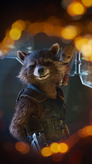 Rocket Raccoon and Baby Groot in Guardians of the Galaxy Vol. 2 Cinematic Scene HD phone wallpaper