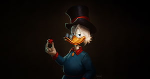 Scrooge McDuck in Top Hat and Blue Suit Holding a Red Gem Against a Dark Background HD wallpaper