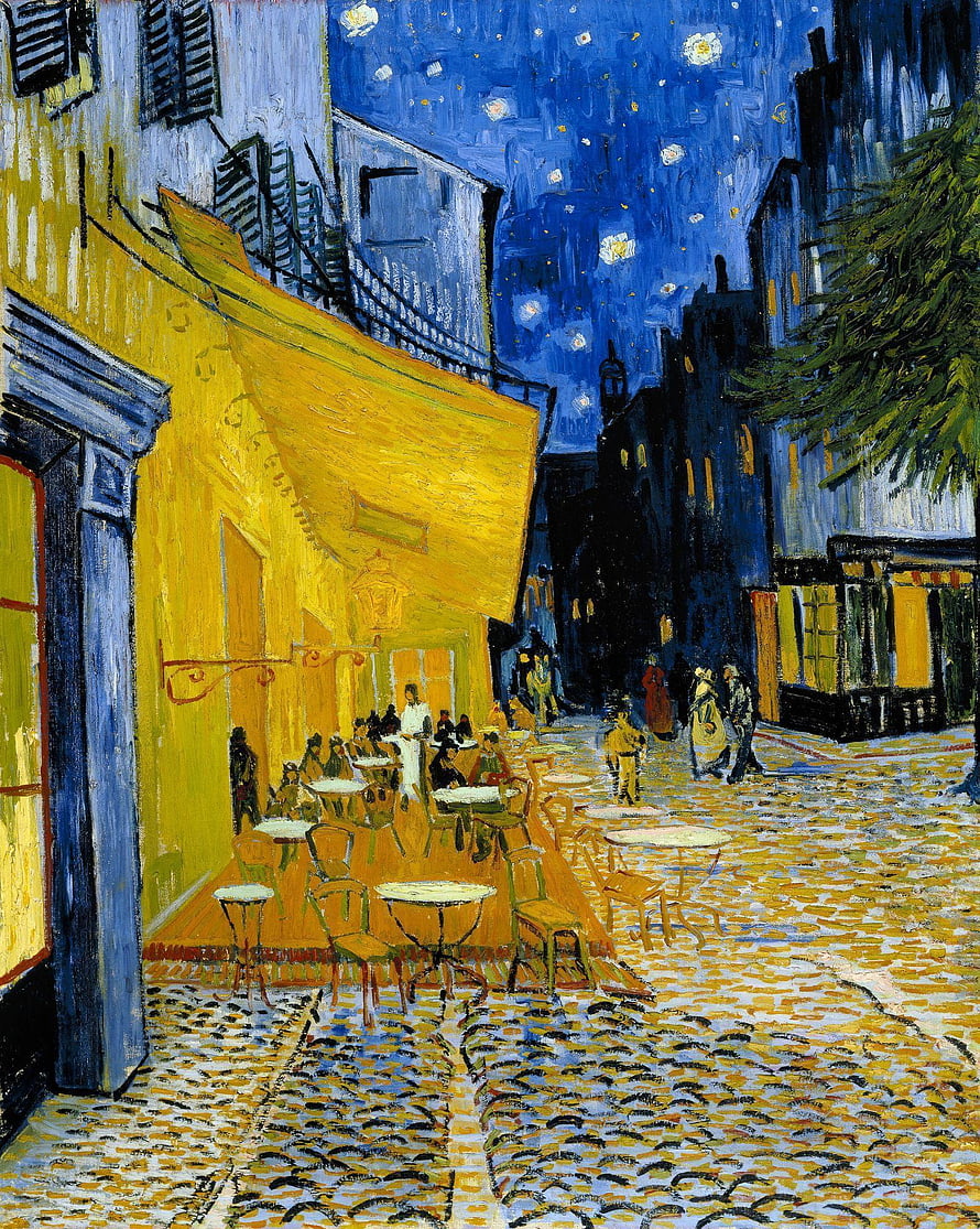Vincent van Gogh Cafe Terrace At Night Oil Painting with Starry Blue Sky and Cobblestone Street HD phone wallpaper