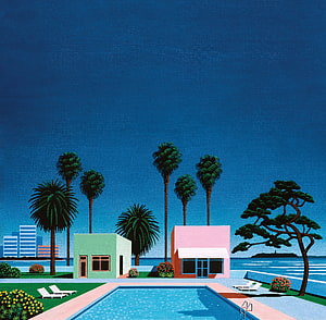 Hiroshi Nagai Pacific Breeze: Retro Suburban Pool Scene with Palm Trees and Ocean View HD wallpaper