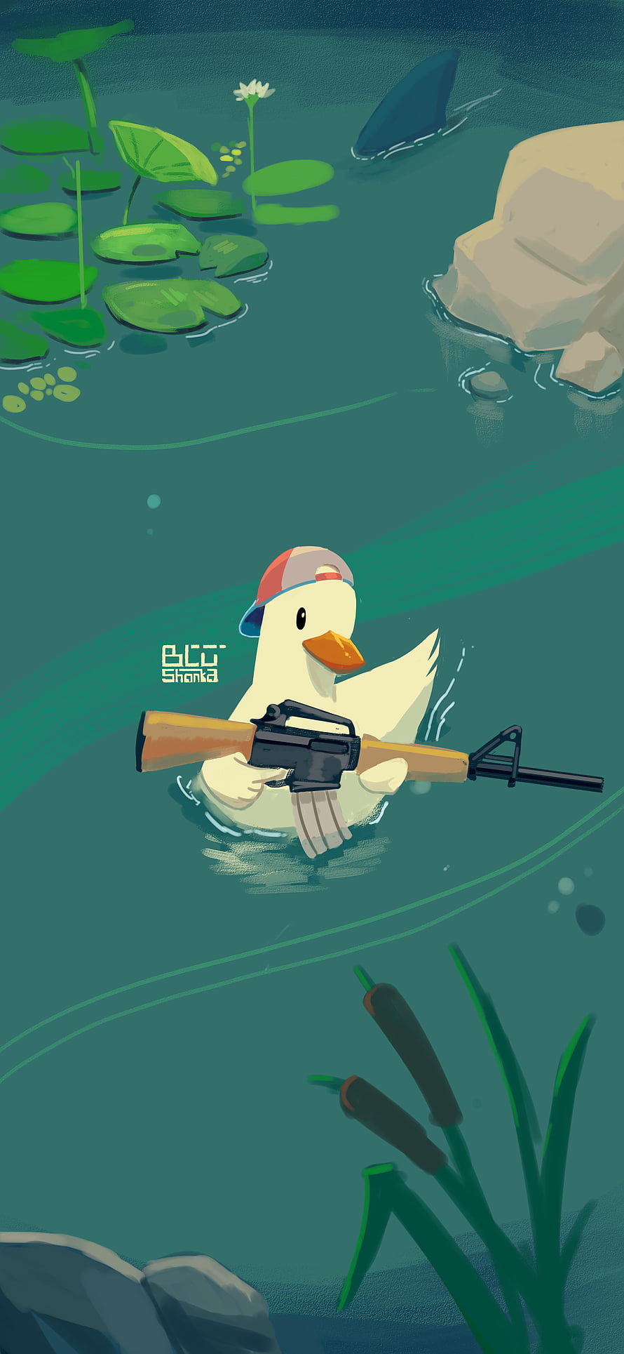 Shubashu Duck with Rifle in Pond, Hololive VTuber Digital Art HD phone wallpaper