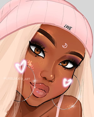 Digital Illustration of a Woman with a Pink Beanie and Neon Heart Earrings, Girl Cartoon Characters Instagram, baddie black girls HD phone wallpaper