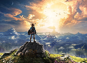 The Legend of Zelda Breath of the Wild Hero Standing on Cliff Overlooking Hyrule at Sunset HD wallpaper