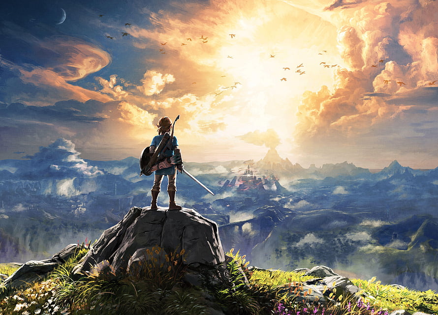 The Legend of Zelda Breath of the Wild Hero Standing on Cliff Overlooking Hyrule at Sunset HD wallpaper
