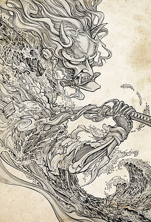 Intricate Black and White Samurai Warrior Ink Illustration with Flowing Waves and Traditional Japanese Style HD phone wallpaper
