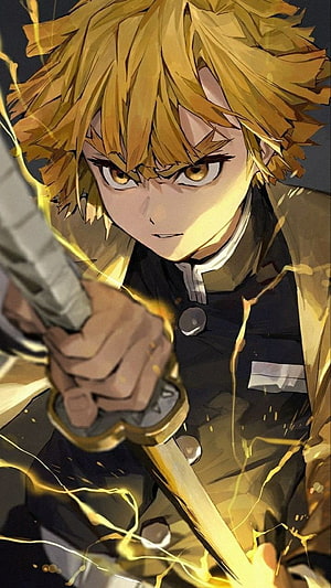 Zenitsu Agatsuma from Demon Slayer Wielding Katana with Electric Energy HD phone wallpaper