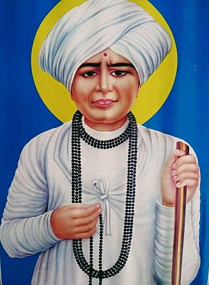 Jalaram Bapa Portrait with White Turban, Black Beads, and Staff Against Blue Background HD phone wallpaper