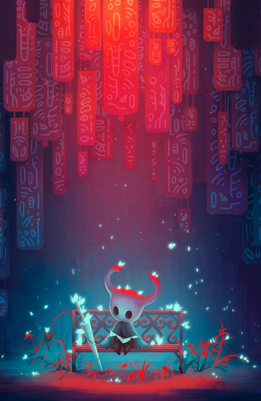 Hollow Knight Hornet Sitting on a Bench in a Glowing Forest with Hanging Talismans HD phone wallpaper