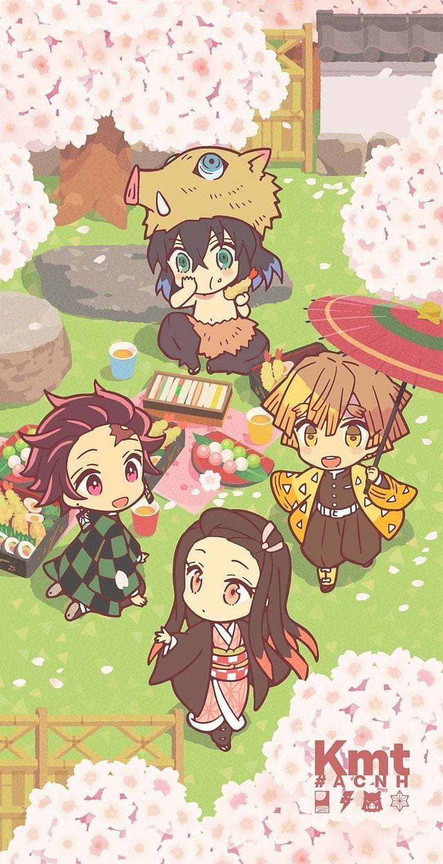 Demon Slayer Chibi Characters Enjoying a Cherry Blossom Picnic in Kawaii Style HD phone wallpaper