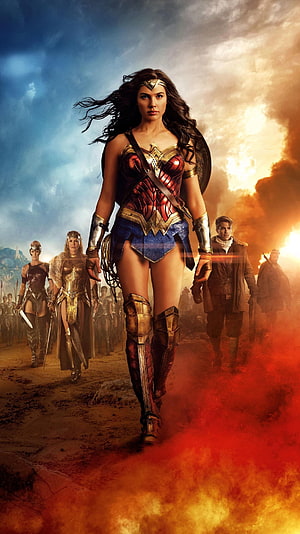 Wonder Woman Walking Through Battlefield Smoke with Amazon Warriors and Allies, Wonder Woman, wonder women movie poster HD phone wallpaper
