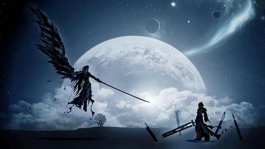 Final Fantasy VII Concept Art Featuring Winged Figure and Swordsman Under a Giant Planet, Final Fantasy VII, #final fantasy HD wallpaper
