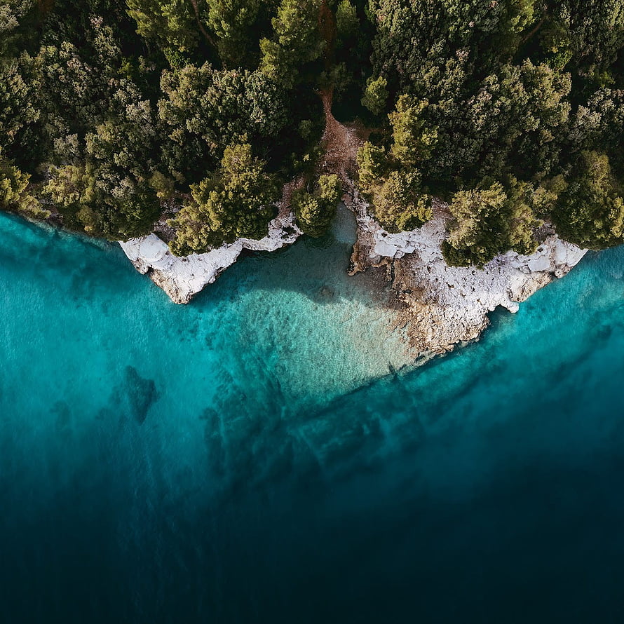 Aerial View of Turquoise Sea Meeting Lush Forested Rocky Coastline HD phone wallpaper