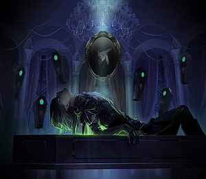 Twisted Wonderland Character Reclining in Dark Gothic Hall with Floating Coffins and Ornate Mirror HD wallpaper