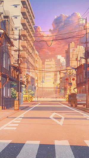 Anime-Style Japanese City Street at Golden Hour with Railway Crossing and Dramatic Clouds HD phone wallpaper