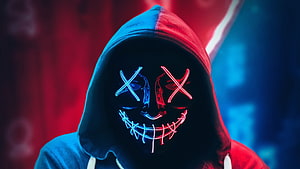 Hacker in Hoodie Wearing Glowing Neon LED Mask with Red and Blue Lighting HD wallpaper
