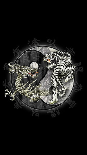 Silver Dragon and White Tiger Yin Yang Emblem on Black Background HD phone wallpaper