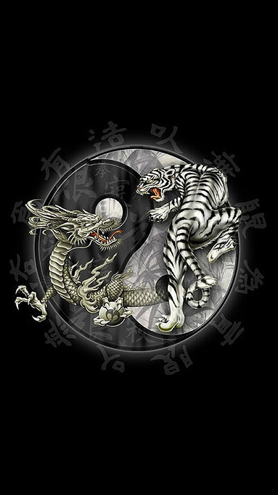 Silver Dragon and White Tiger Yin Yang Emblem on Black Background HD phone wallpaper