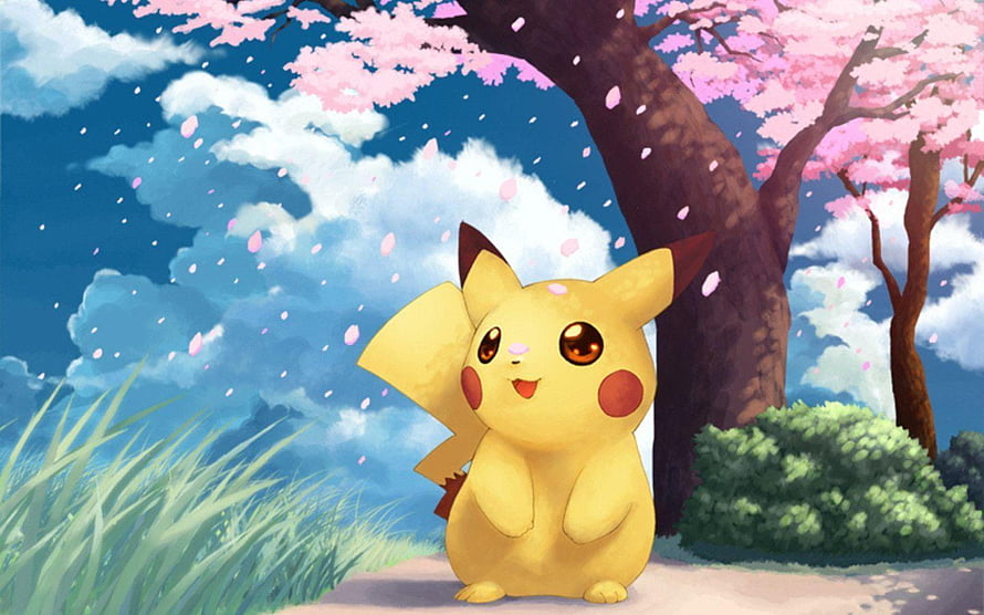 Pikachu Sitting Under a Cherry Blossom Tree in a Spring Landscape HD wallpaper