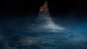 Majestic Sci-Fi Space Station Tower Rising Above Clouds at Night HD wallpaper