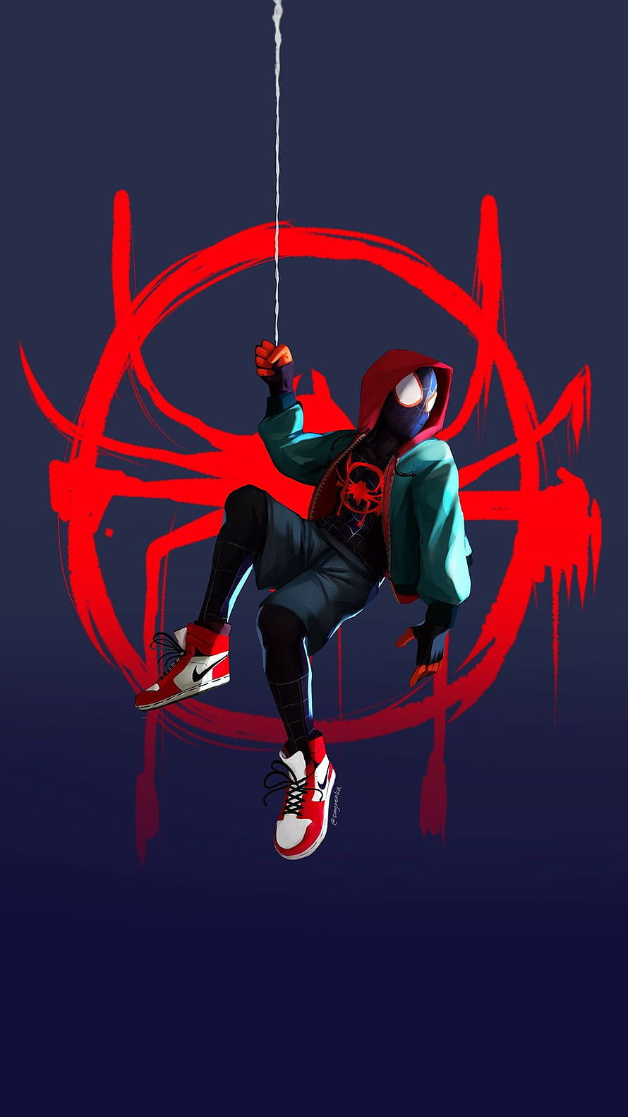 Miles Morales Spider-Man Swinging in Hoodie with Red Spider Symbol HD phone wallpaper