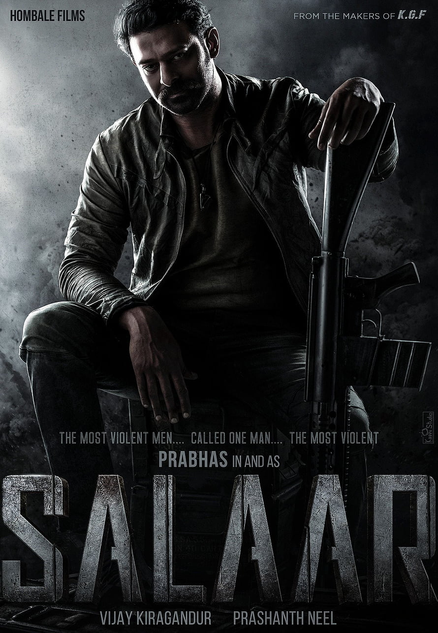 Prabhas as Salaar in Dark Action Movie Poster with Rifle HD phone wallpaper