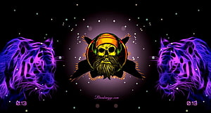 Neon Rastafarian Skull with Purple Electric Tigers on Black Background HD wallpaper