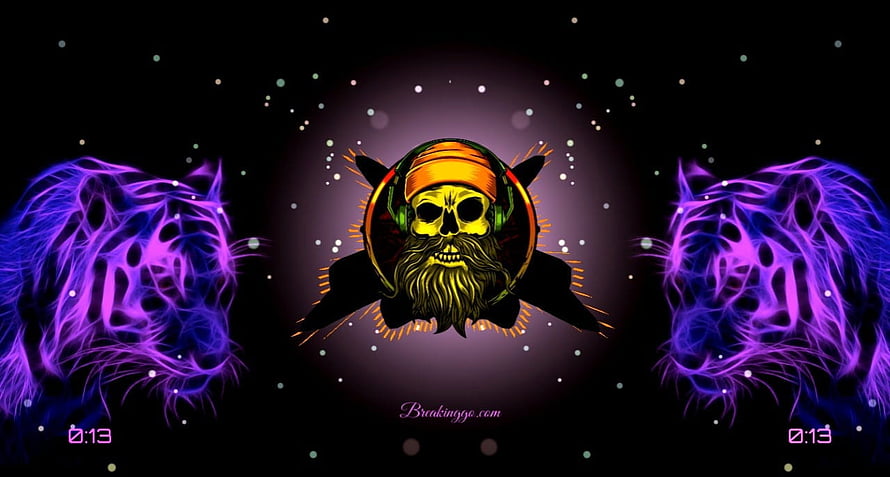 Neon Rastafarian Skull with Purple Electric Tigers on Black Background HD wallpaper