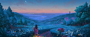 Anime Girl Gazing at Distant City Lights from a Flower-Filled Hillside at Night HD wallpaper