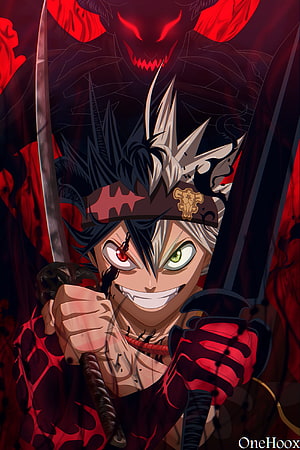 Asta from Black Clover wielding dual swords with a menacing red demon looming behind him in a dark fantasy anime illustration HD phone wallpaper