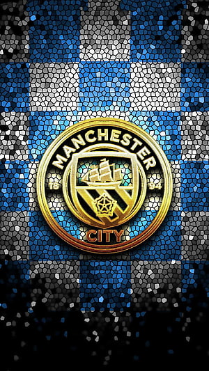 Manchester City Golden Crest Emblem on Blue and White Mosaic Background HD phone wallpaper
