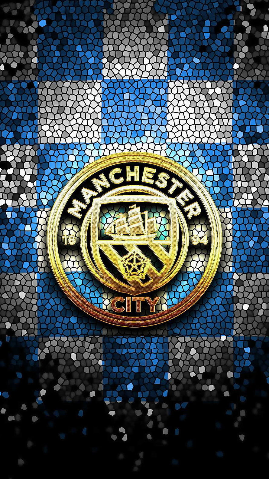 Manchester City Golden Crest Emblem on Blue and White Mosaic Background HD phone wallpaper