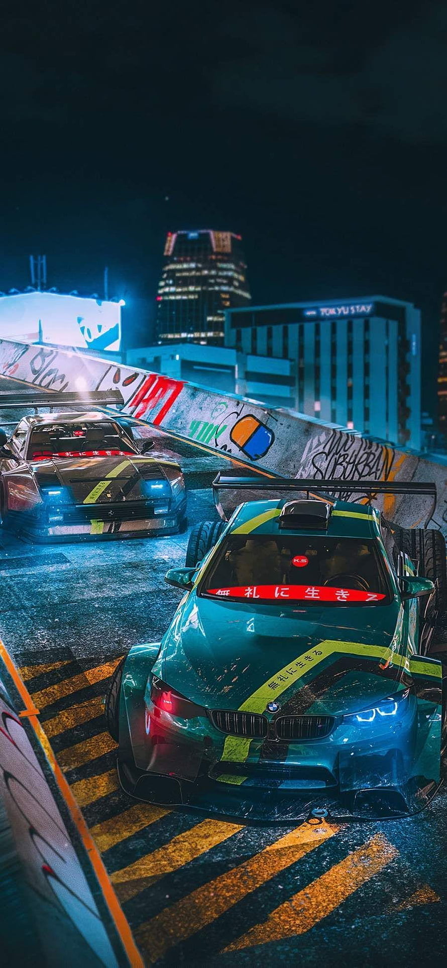 Neon-lit JDM street racing scene with modified BMW and Nissan in a Tokyo night cityscape HD phone wallpaper