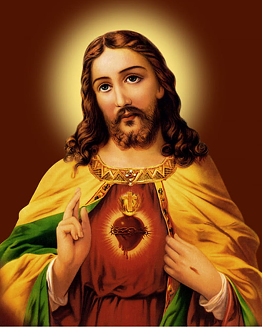Sacred Heart of Jesus Religious Painting with Golden Halo and Crown of Thorns HD phone wallpaper