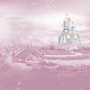 Dreamy Pink Fantasy Castle with Arched Bridge and Sparkling Garden Landscape HD phone wallpaper